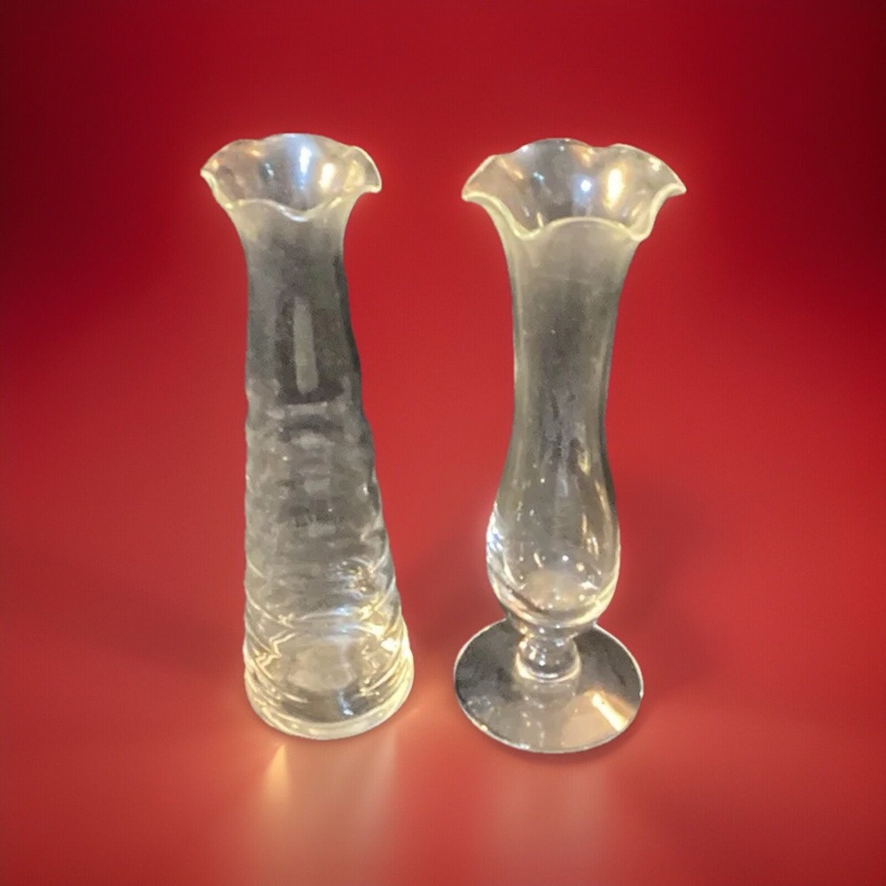 Bud Vases Set of 2 Clear Glass 6" Tall‎ Scalloped Ruffled Edge One Has Pedestal